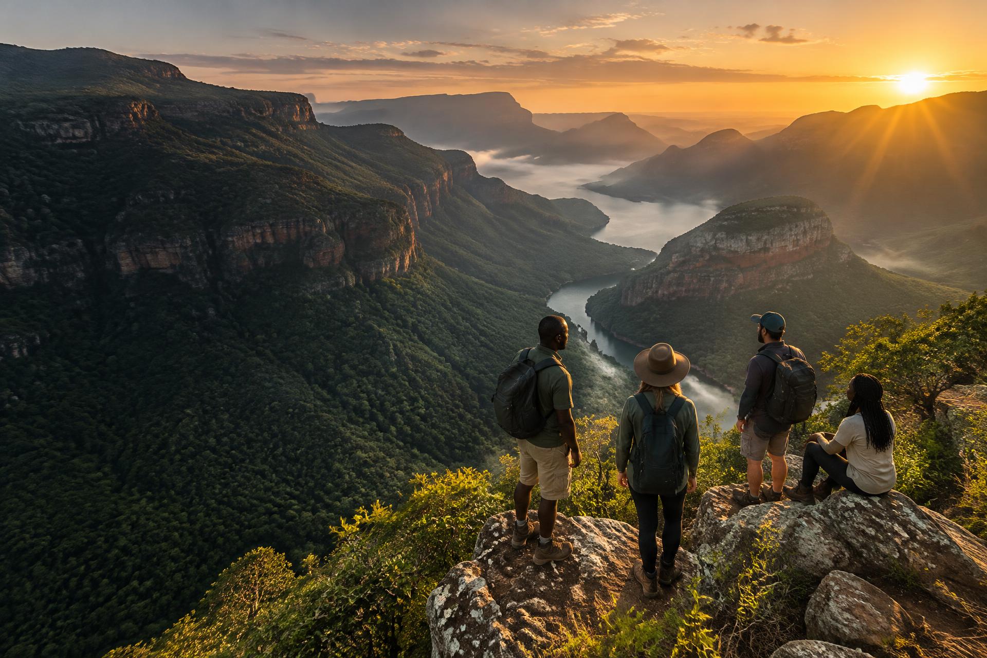 Travellers overlooking Blyde River Canyon at sunrise